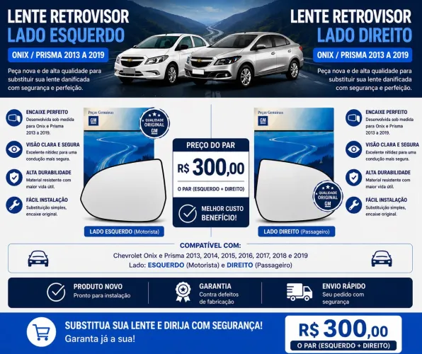 PAR DE LENTES DO RETROVISOR- CHEVROLET ONIX/ PRISMA