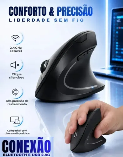 Mouse Vertical Ergonômico Recarregável Sem Fio Bluetooth Led Usb 2.4g 1600 Dpi