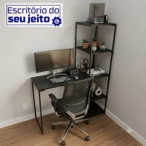 Mesa de Escritório Industrial NOVA com Estante Multiuso para Computador Notebook de Estudo