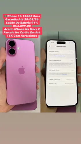iPhone 16 128GB Rosa - Garantia Até 29/08/26 (Usado)