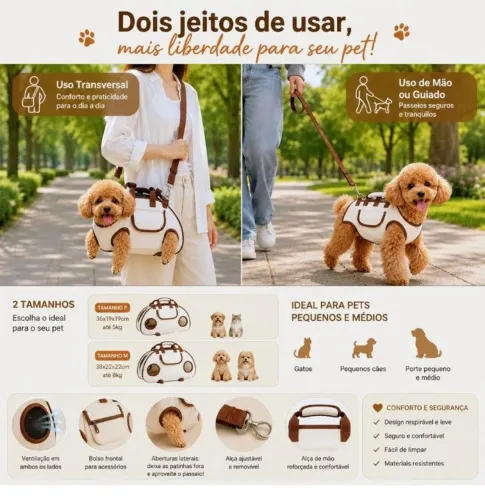 Bolsa Pet 2 MULTIFUNCIONAL - TAMANHO MÉDIO - Transporte + Guia para Cães e Gatos