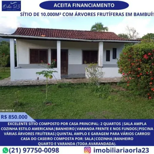BAMBUÍ, ORLA 23 IMOBILIÁRIA VENDE! EXCELENTE SÍTIO DE 10.000M
