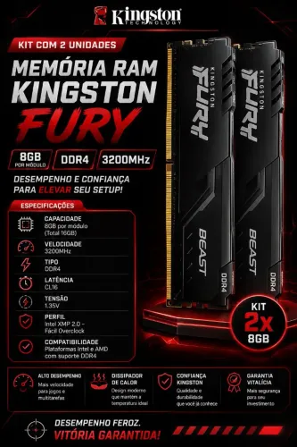 MEMÓRIA RAM GAMER 2x8GB KINGSTON FURY DDR4 3200MHz
