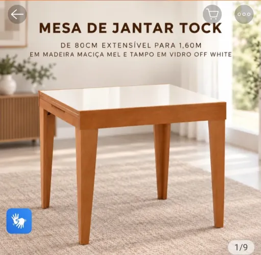 Mesa de jantar extensível em madeira maciça com tampo de vidro