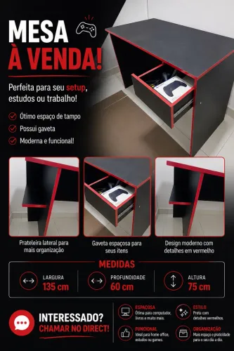 Mesa Gamer Preta com Vermelho e Gaveta : 135cm