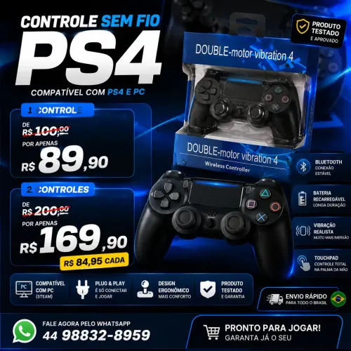 Controle 2 Sem Fio PS4 e PC Novo + Cabo - Pronta Entrega