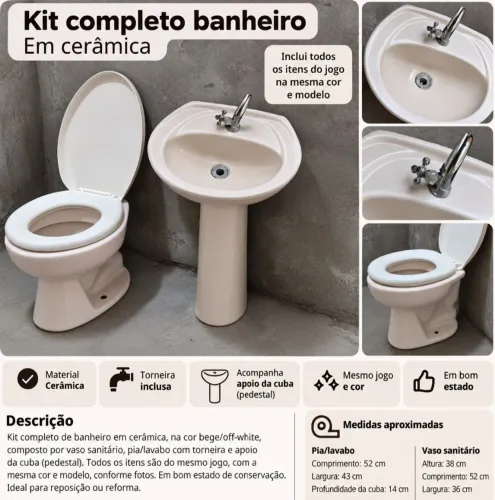 Kit Completo Banheiro em Cerâmica - Vaso + Pia com Torneira 