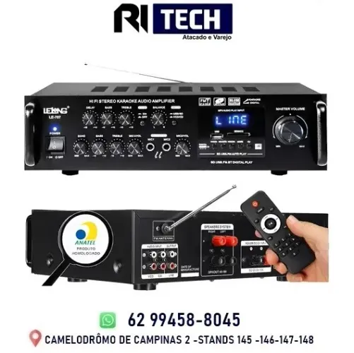 Amplificador Áudio Bluetooth Receiver Le-707 Fm Usb 120RMS RCA AUX