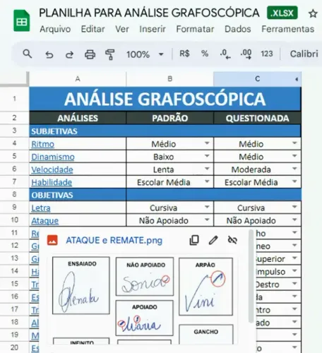 Planilha Análise Grafoscópica- Perito Grafotécnico- Porcentagem Convergência e Divergência