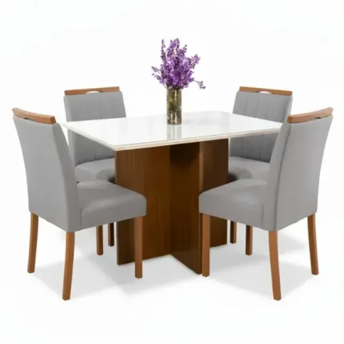 Mesa de Jantar Helo 120×90 Vidro Off/Base Mel 4Cds Isabela Linho Cinza - Entrega Rápida!