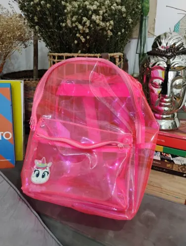 Mochila transparente rosa com unicórnio