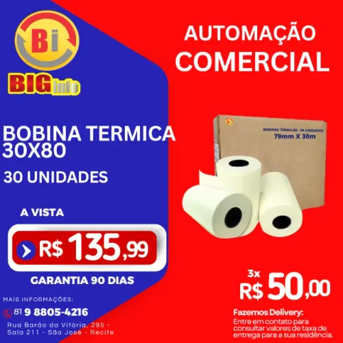 Bobina Termica 80x30 Para Cupon Fiscal Cx Com 30 Unidades
