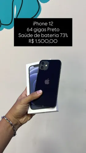 iPhone 12 / 64GB / Preto / Saúde de bateria: 73% / R$1.500,00