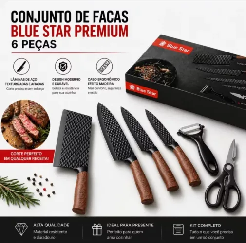 Conjunto De Facas Inox 6 Peças Antiaderente Com Cabo Reforçado Descascador E Tesoura
