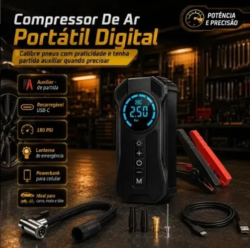 Compressor De Ar Portátil Power Bank e Auxiliar de Partida Lanterna De Emergência Novo.