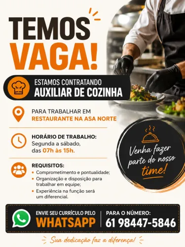 Contrata-se auxiliar de cozinha para restaurante na Asa Norte
