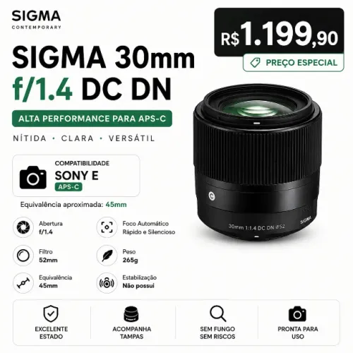 Lente Sigma 30mm f/1.4 DC DN Sony E APS-C Alta Performance A6000 A6100 A6300 A6400 ZV-E10