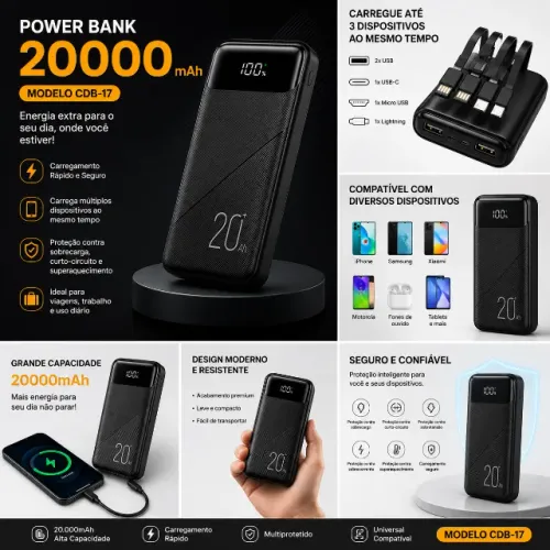 Power Bank 20.000mAh CDB-17 - Carregador Portátil Universal
