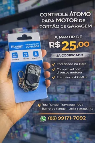 CONTROLE PARA MOTOR DE PORTÃO  DE GARAGEM DA ÁTOMO AÇO ESCOVADO COM CODIFICAÇÃO JÁ INCLUSO