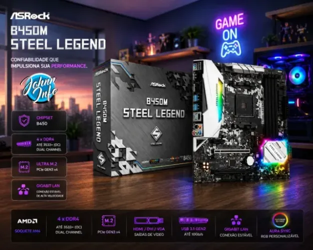 Placa Mãe ASRock B450M Steel Legend, Chipset B450, AMD AM4, mATX, DDR4