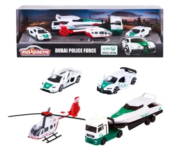 Giftpack Kit 5 Veículos Polícia Dubai Carro Caminhão Barco Helicóptero Majorette 1:64