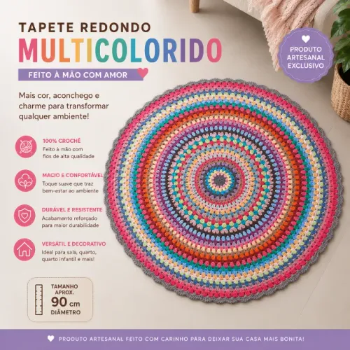 Tapete Redondo Multicolorido em Crochê