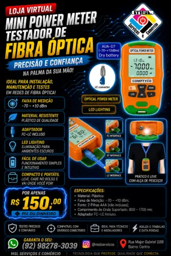 Mini Power Meter - Testador de Fibra Óptica | Adaptador FC-LC | Alta Precisão
