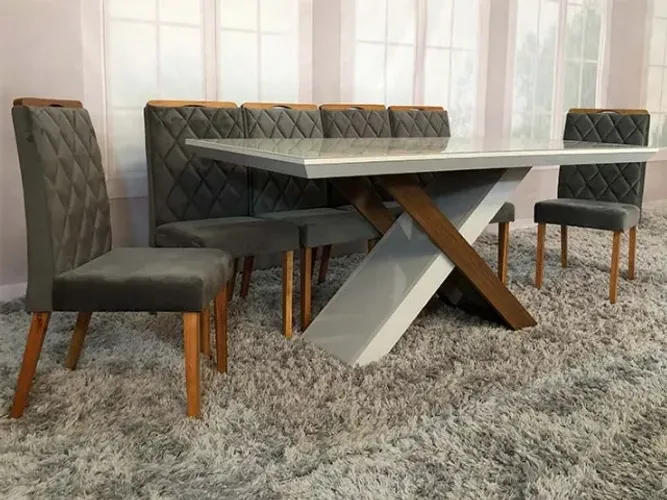 Mesa de Jantar Moderna com Tampo de Vidro e 8 Cadeiras no Cinza