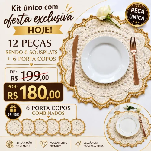Kit Sousplat + porta copos de crochê
