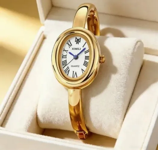 Relógio retro oval clássico estilo bracelete dourado quartzo analógico delicado feminino