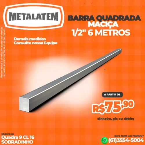 Barra Quadrada Maciça 1/2" 6 Metros