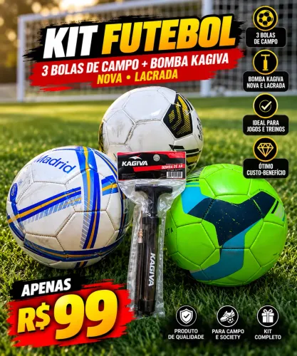 Bola KIT FUTEBOL | 3 BOLAS DE CAMPO + BOMBA KAGIVA NOVA LACRADA