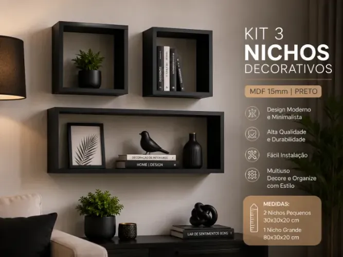 Kit 3 Nichos Decorativos MDF Preto Multiuso Sala Quarto Banheiro Escritório
