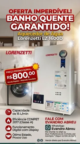 Oportunidade! Aquecedor a Gás Lorenzetti LZ 1600D Digital 15L/min - R$ 800