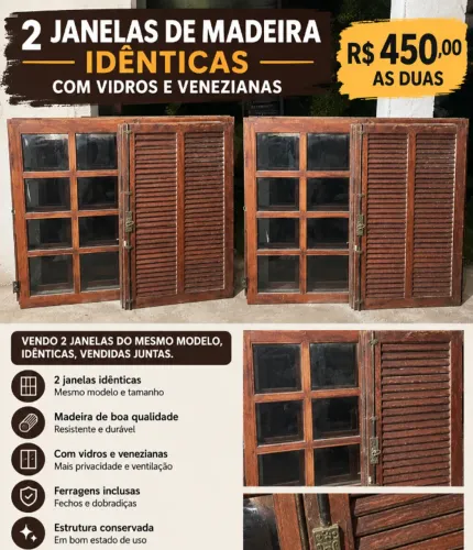 2 Janelas de Madeira Idênticas com Vidros e Venezianas