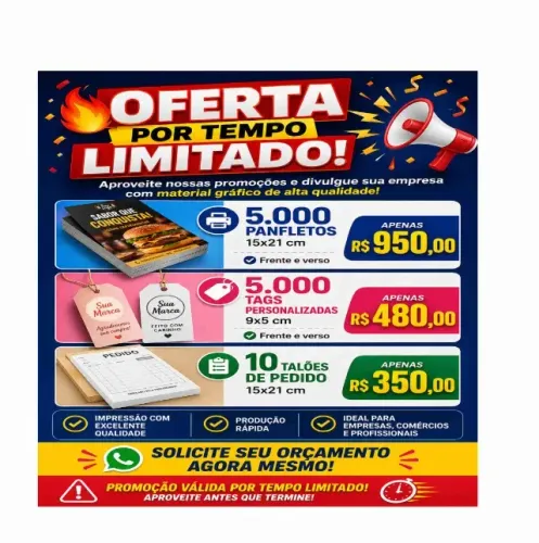 Oferta por tempo limitado: 10 talões personalizados, 5000 panfletos 15x21 cm , 1000 tags