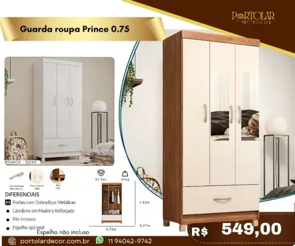 Guarda Roupa Prince 0.75, a pronta entrega