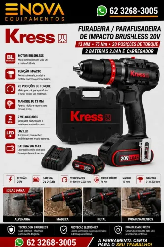FURADEIRA PARAFUSADEIRA DE IMPACTO BRUSHLESS 20V - 75 NM - 2 BATERIAS E CARREGADOR
