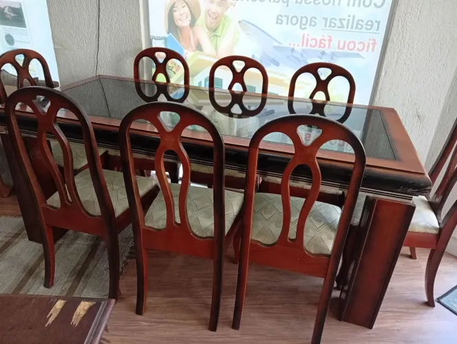 Mesa de jantar antiga mogno 8 cadeiras champandelli