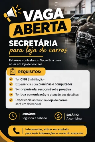 Oportunidade de emprego - Secretária para loja de carros!