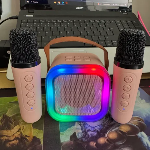 Caixa de som Bluetooth com 2 microfone karaokê mini 