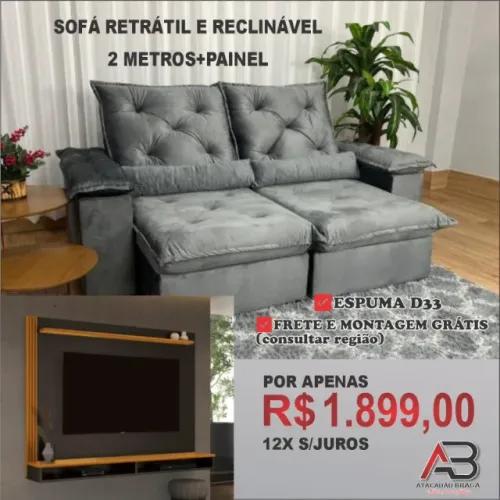 Combo Sofá Retrátil Reclinável c/ molas e painel para tv até 55" 12x sem juros no cartão 