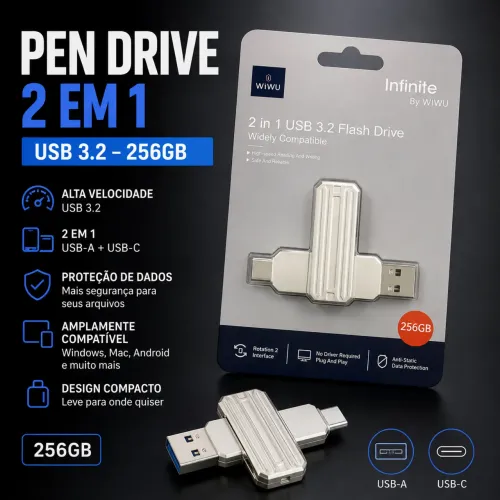 Pen Drive WiWU 256GB USB 3.2 2 em 1 USB-A + USB-C | Novo Lacrado