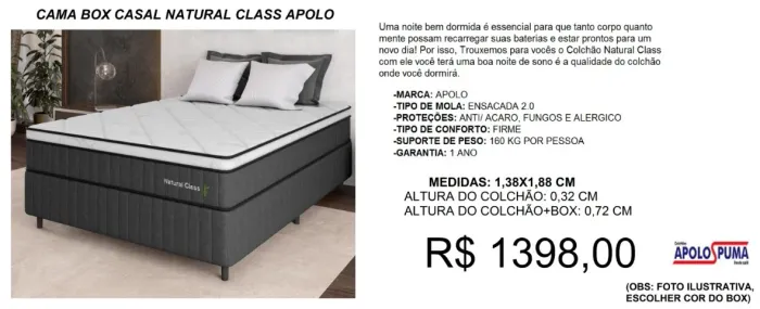 Colchão casal molas natural class + base box casal - frete gratuito