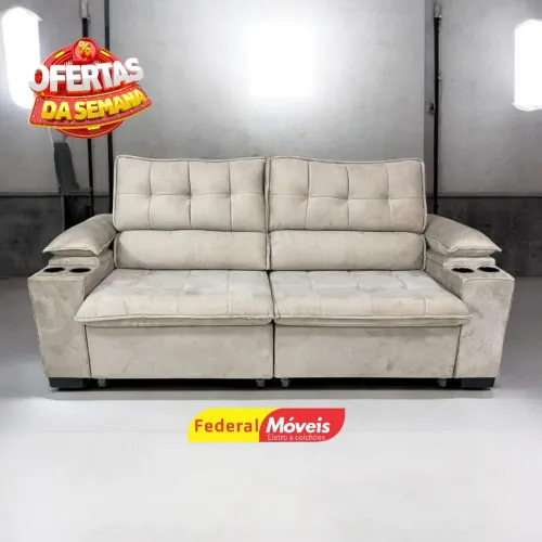 Sofá Retrátil e Reclinável 2,25m c/ Porta Copos nos Braços Confortável - Entregamos