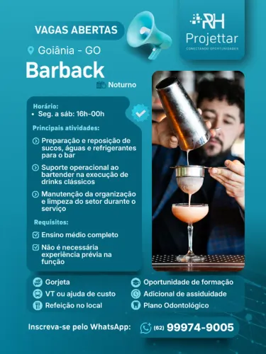 Vaga de Emprego para Barback (Noturno) em Goiânia - GO