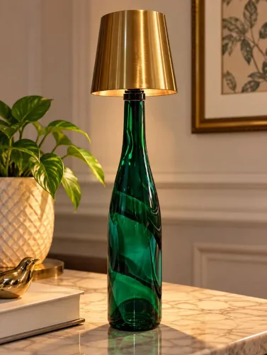 Abajur Artesanal Garrafa Verde Esmeralda com Cúpula Dourada ?