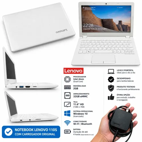 ? NOTEBOOK LENOVO 110S BRANCO + CARREGADOR ORIGINAL<br>