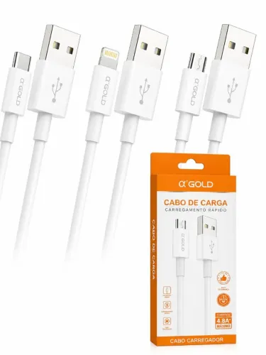 Cabos de Carga A?Gold USB Tipo C, Lightning iPhone e V8 Uni