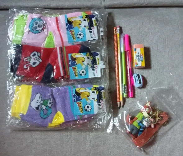 Chaveiro ZOOTROPOLIS, kit escolar e pacote com doze pares de meias feminina.